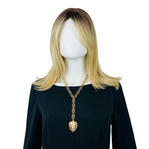 Gold-Tone Lion Head Pendant Necklace with Greek Key Chain